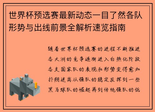世界杯预选赛最新动态一目了然各队形势与出线前景全解析速览指南